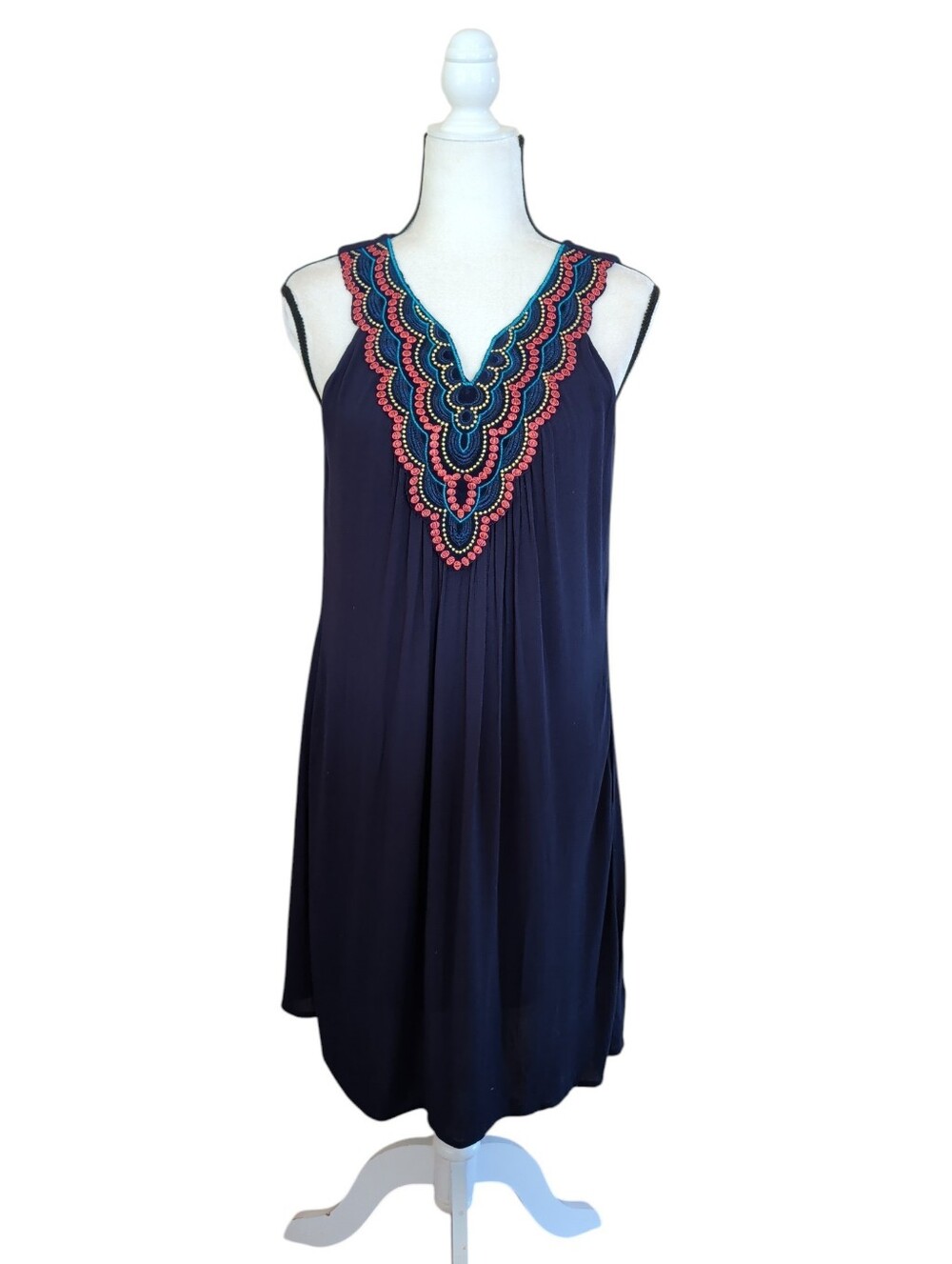 NWT Maurices Embroidered Scalloped V-Neck Sleeveless Dress SMALL Blue Orange